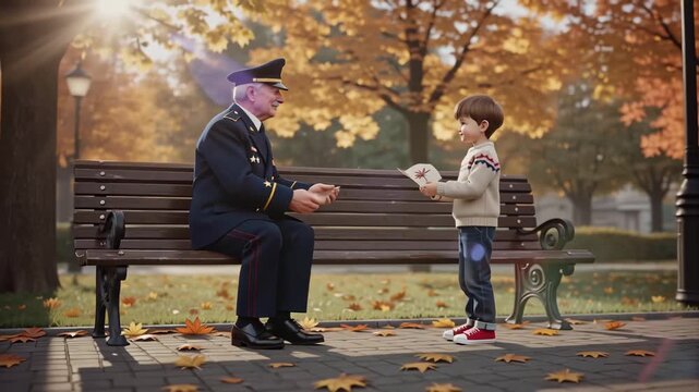 Young boy handing thank you card to veteran in military uniform on park bench with autumn foliage. Veterans Day atmosphere