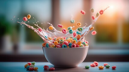 Colorful breakfast cereal with milk splash in white bowl – fun morning food, sweet crunchy loops, vibrant healthy snack, creative food photography concept