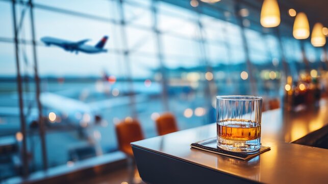 Whiskey glass at airport bar with airplane in background &ndash; travel and lifestyle concept