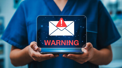 Medical professional holding a tablet displaying a warning email notification healthcare alert