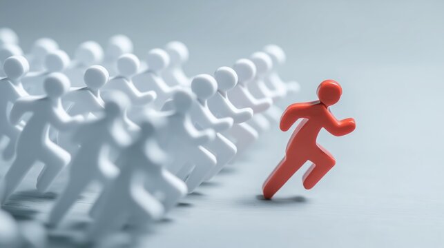 Red figure leading group of white figures – leadership, individuality and business success concept