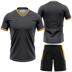 A grayscale athletic uniform consisting of a short-sleeved shirt with yellow accents and matching shorts, set against a solid black background and shown from multiple angles that