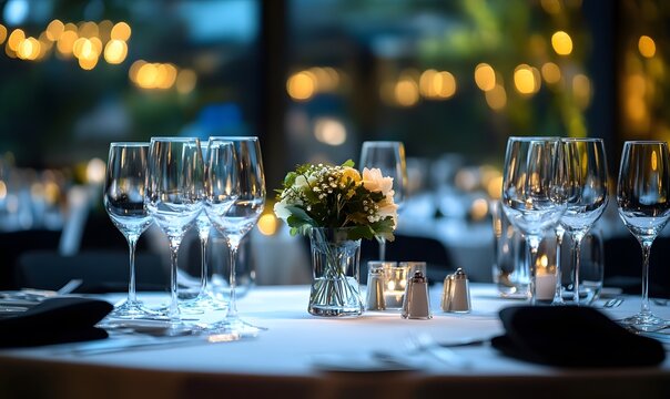 Catering service table setting glass goblets cutlery isolated 