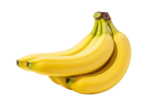 A vibrant bunch of ripe yellow bananas with green stems on a transparent background, soft natural shadow, brightly lit studio setup, concept of fresh healthy produce