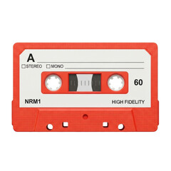 Obraz premium Bright red-orange audio cassette with white label with text, clear window, on transparent background, clean studio lighting, retro tech nostalgia