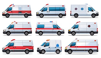 Fototapeta premium Collection of various ambulance vehicles displayed in different perspectives, showcasing diverse profiles and styles.