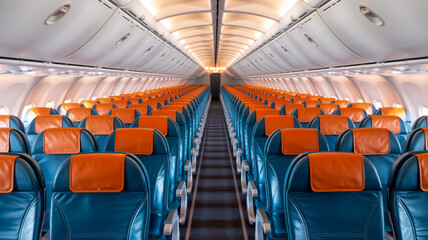 Empty airplane cabin interior with rows of blue seats and orange headrests image photo