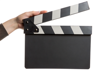 Hand holding a movie clapperboard ready to shoot isolated on white background