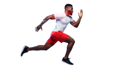 Athletic Black man in white t-shirt, red shorts, black shoes, mid-stride on electric blue studio background with red rim light, blue speed lines. Sportswear advertisement concept