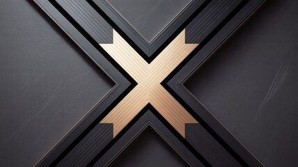 Geometric abstract design with a gold ' X' shape on a textured dark gray surface cross