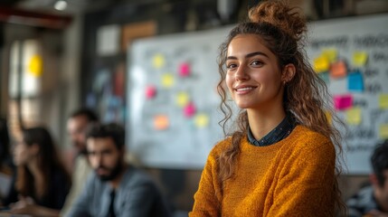 Team members are animated, exchanging ideas with enthusiasm. In the background, a whiteboard is filled with colorful sticky notes and handwritten notes, creating a dynamic and energetic atmosphere. --