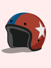 Fototapeta premium Illustration of a vintage motorcycle helmet with a red body, blue stripe, and a white star on the side.