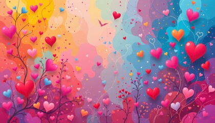 Whimsical Romantic Landscape with Colorful Trees and Hearts