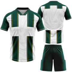 A meticulously designed soccer uniform is displayed, showcasing a white jersey with green accents...