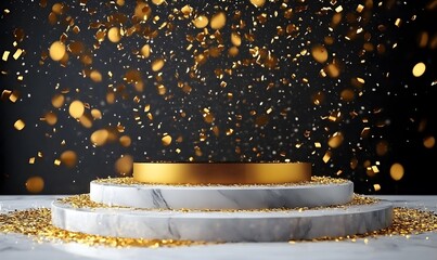 christmas Gold glitter background with black podium and spotlights