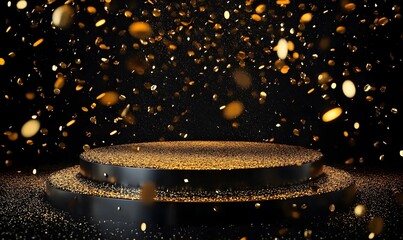 christmas Gold glitter background with black podium and spotlights