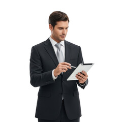 Man in a dark suit and tie holding a pen and tablet isolated on transparent background