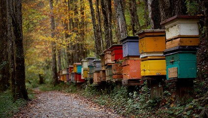 Colorful beehives in an autumn forest along tree trunks with a trail leading through the woods, photo-realistic cinematic scene with soft light, depth of field, and wide-angle perspective