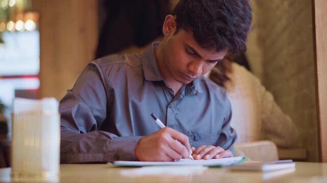 Young man wearing gray shirt intensely focused on sketching architectural illustration on clipboard while sitting at wooden cafe table, surrounded by cozy decor, showing creativity, dedication, and