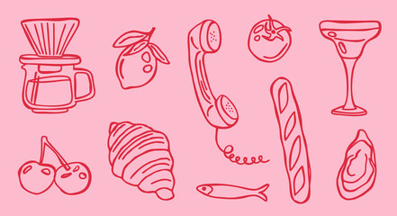 Set of coquette hand drawn doodles. Coffee dripper, lemon, phone, tomato, cocktail, cherries, croissant, baguette, fish and oyster. Ideal for social media, stickers, cafe design, branding, packaging.
