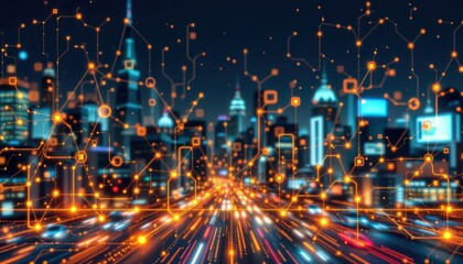 Futuristic Digital Cityscape Night with Data Network