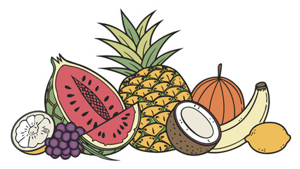 Colorful Tropical Fruit Illustration with Pineapple, Watermelon, Coconut, Banana, Lemon, and Grapes in Cartoon Style.