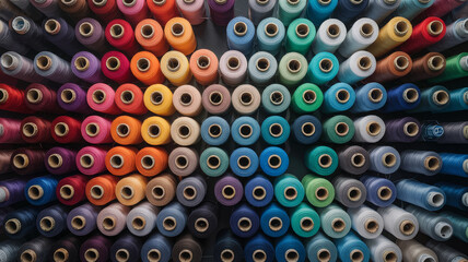 Topdown view of a vibrant and colorful array of thread spools arranged in neat rows and columns textile