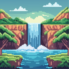 Pixel Art Waterfall Scenery Retro Nature Landscape