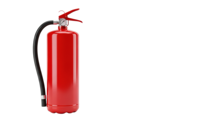Vivid red fire extinguisher, black hose, pressure gauge, red handle, upright on transparent background with copy space, soft studio lighting, fire safety equipment concept