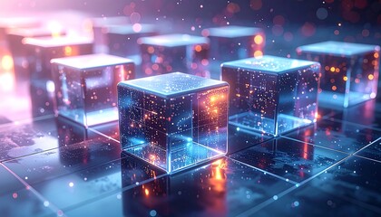 Transparent cubes with glowing network patterns