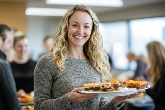 Woman Holding Plate of Desserts at Office Celebration Event