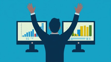 Businessman celebrates success, viewing graphs on computer screens, office background, stock photo