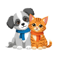 Obraz premium Cute cartoon puppy and kitten wearing scarves on black background