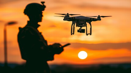 Silhouette of a soldier operating drones for military combat and surveillance missions