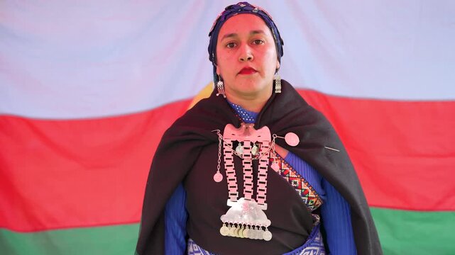 Portrait of a serious indigenous mapuche woman in traditional clothes smiling at the camera against mapuche flag Wenufoye