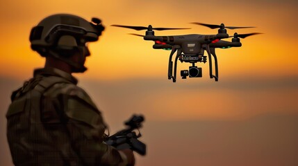 Silhouette of a soldier maneuvering drones for military combat and surveillance operations
