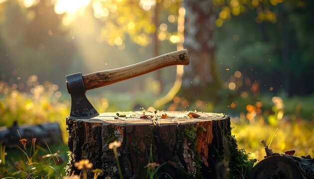 An axe rests on a weathered tree stump in a sunlit woodland setting, showcasing the natural beauty of the outdoors.