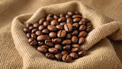 Coffee beans in burlap sack closeup