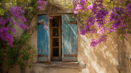 Charming old wooden window with weathered blue shutters overgrown with vibrant purple bougainvillea flowers