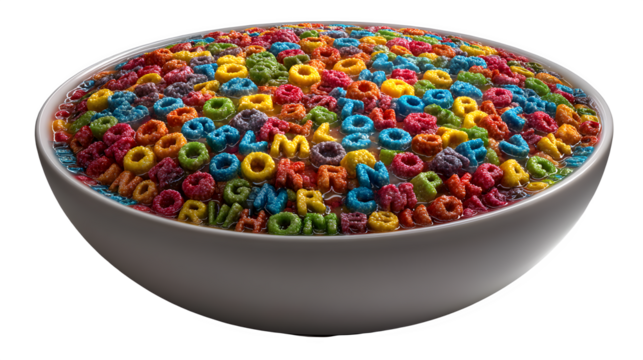 Vibrant alphabet cereal pops in milk create a fun and educational breakfast experience for kids