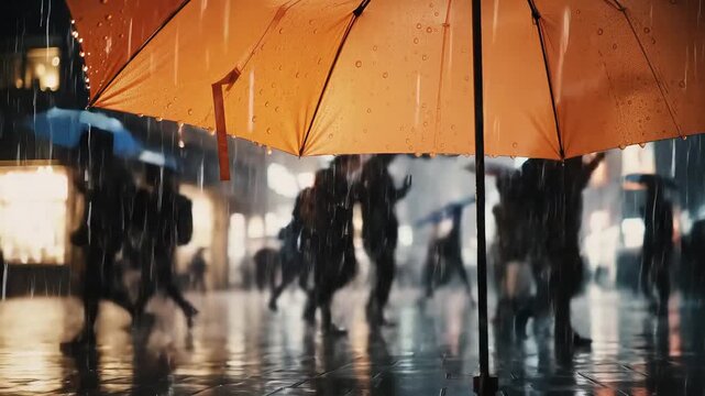 Orange Umbrella Standing Out in Crowded Rainy City Street with Reflective Night Lights