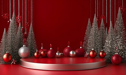 christmas tree with red balls and snow background