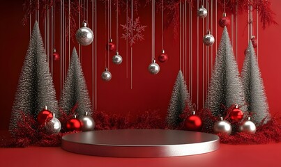 christmas tree with red balls and snow background