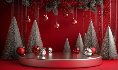 christmas tree with red balls and snow background