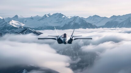 Naklejka premium F 35 fighter jet in flight dynamic front view above clouds with snow capped mountains below