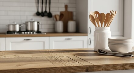 Bright Modern Kitchen Interior Design Featuring Wooden Utensils and Pots on Stove