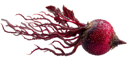 Vibrant beet root with intricate red leafy tendrils, a striking visual for healthy food and organic themes