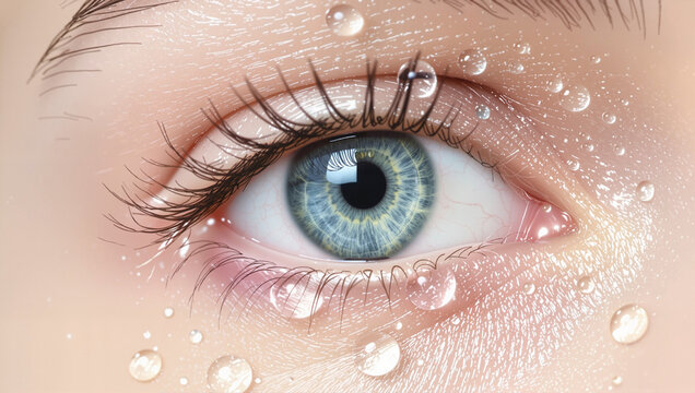 Human eye with water drops closeup