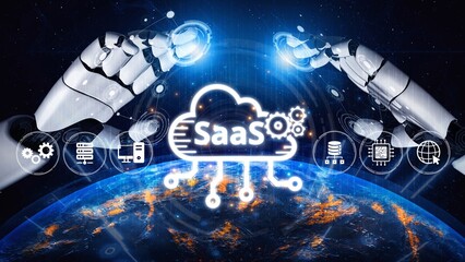 Visual representation of SaaS showing infrastructure, SaaS deployment, SaaS platform features, and SaaS integration model in digital environment. Muxer