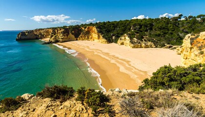 Panoramic view of a beach with dramatic cliffs